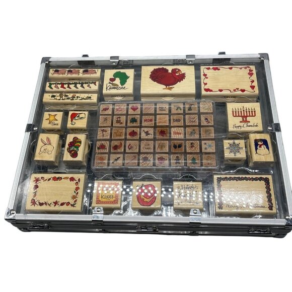 Holidays wooden clear case stamp 75 piece set pens ink stamp pads craft READ - Picture 1 of 8